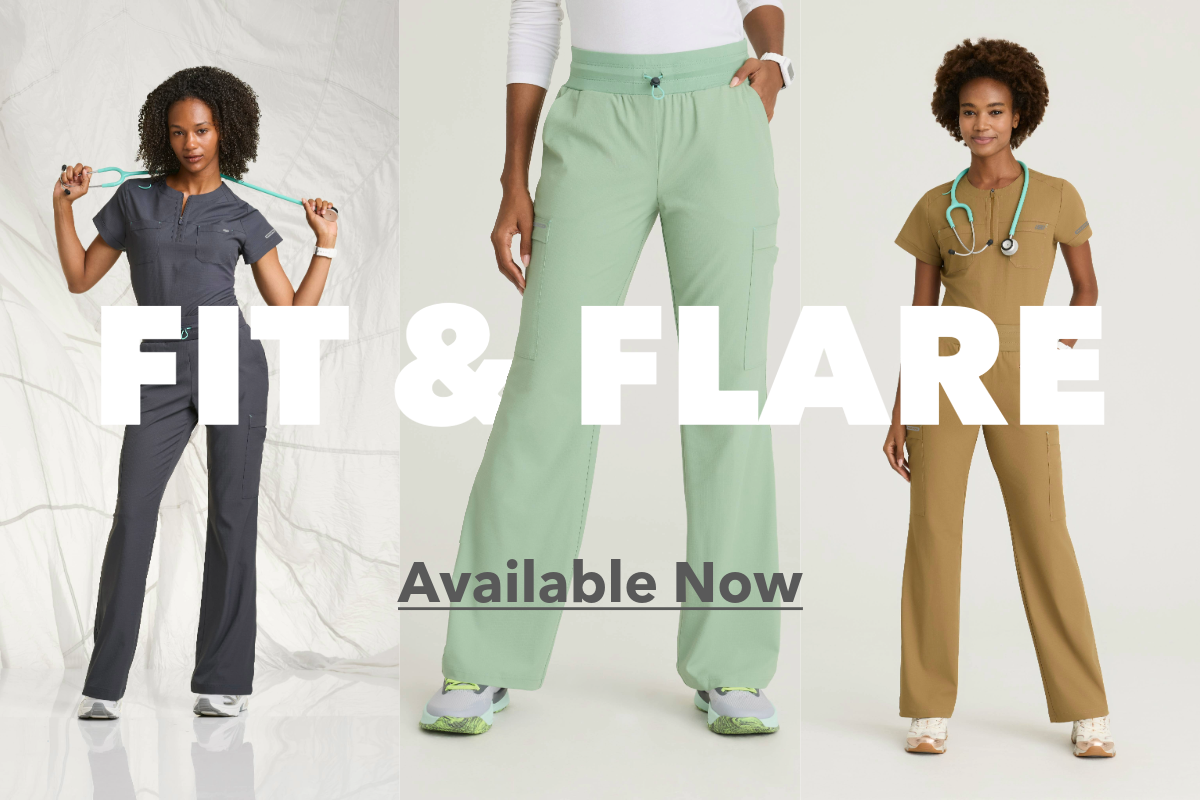 Woman wearing different scrubs. Fit and Flare pant. New drop! 