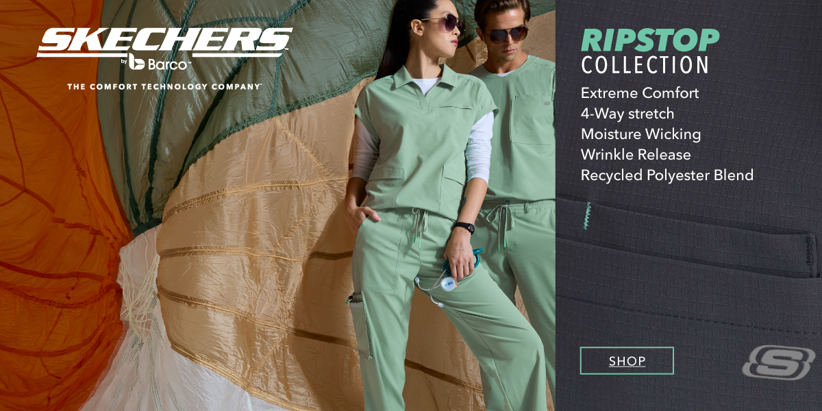 Man and Woman wearing green scrubs. Brand Skechers Ripstop. 
