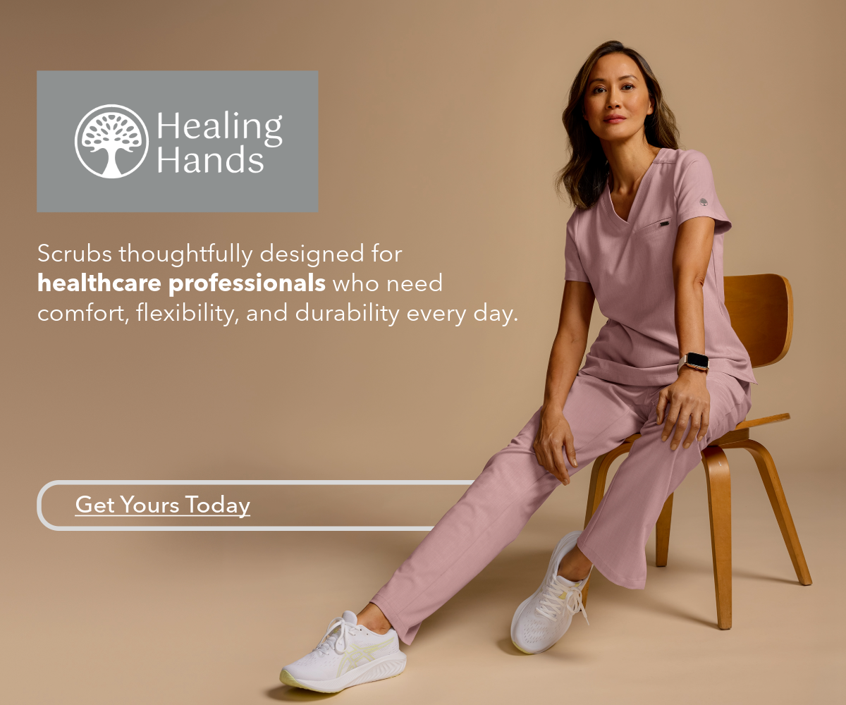 Woman wearing Healing Hands scrubs. Scrubs thoughtfully designed for healthcare professionals.  