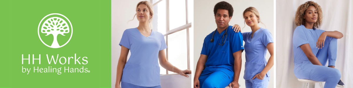 three images of nurses in blue scrubs.