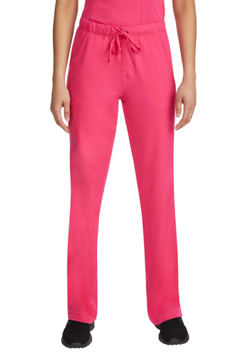 Woman wearing Healing Hands scrubs pants in color pink. 
