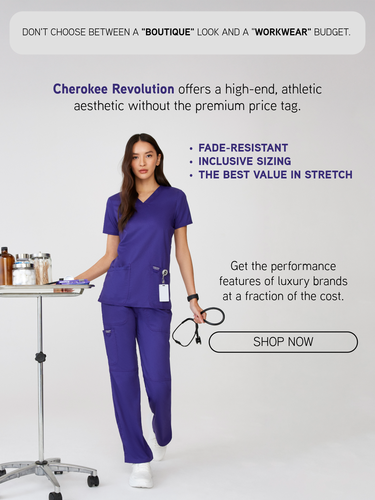 Woman wearing Cherokee Workwear Revolution scrubs. Scrubs thoughtfully designed for healthcare professionals.  