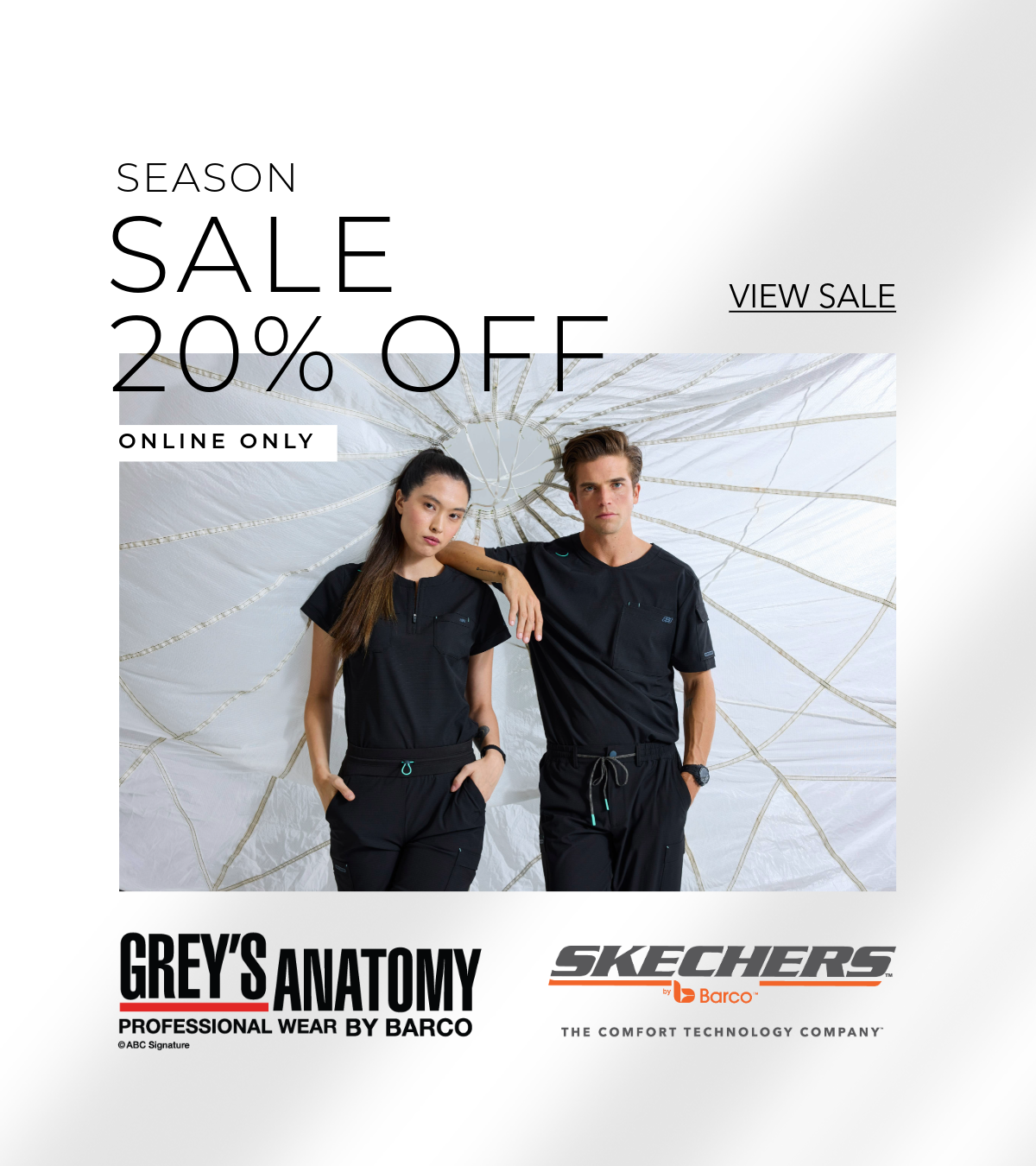 Men and Woman wearing Skechers scrubs. Grey's Anatomy and Skecher are 20% off. Shop now! 