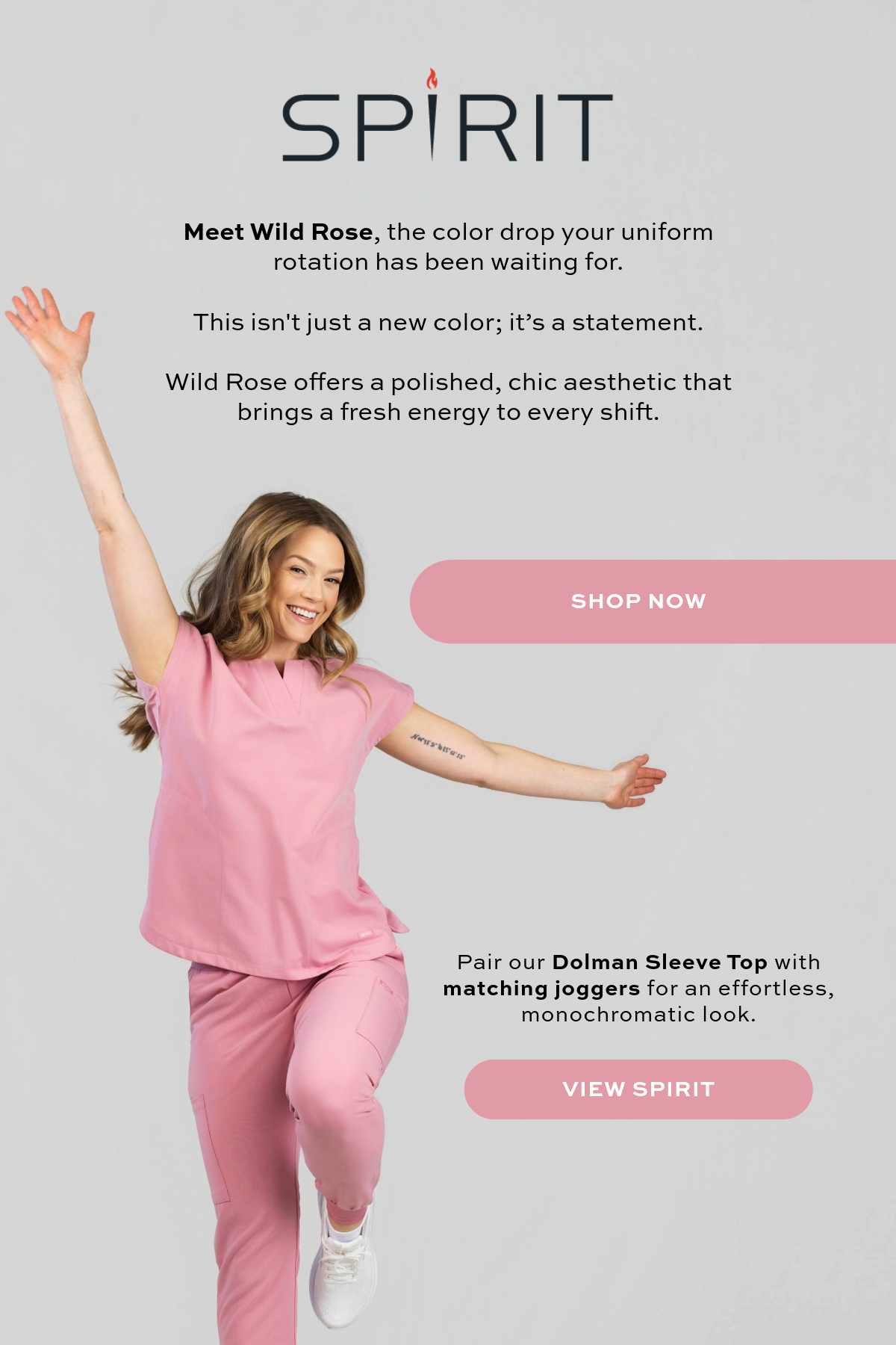 Girl wearing Spirit Scrubs new color. WIld Rose, don't miss out! 