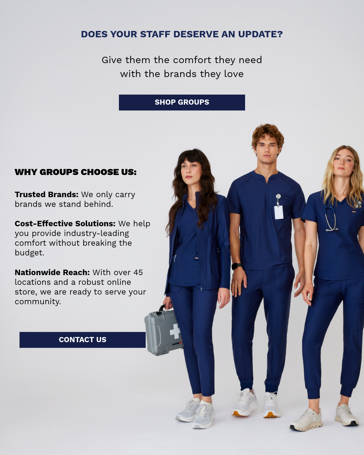 A group of nurses wearing scrubs sold by The Uniform Outlet. Contact us to purchase scrubs for your whole team!