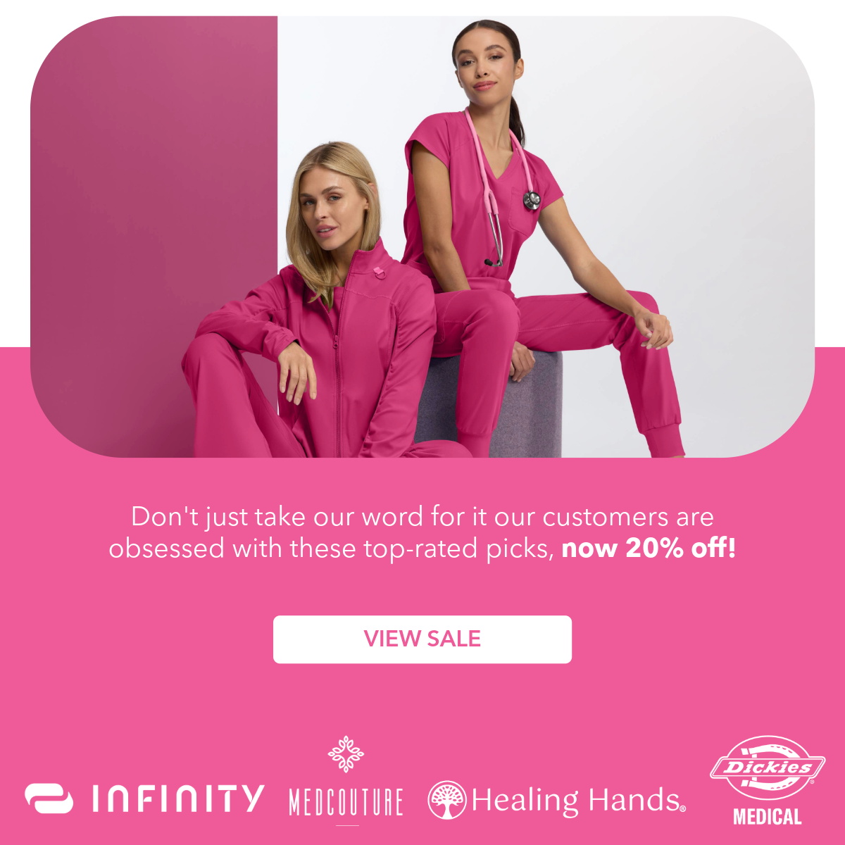 Two women wearing Med Couture pink scrubs. Now at 20% off.