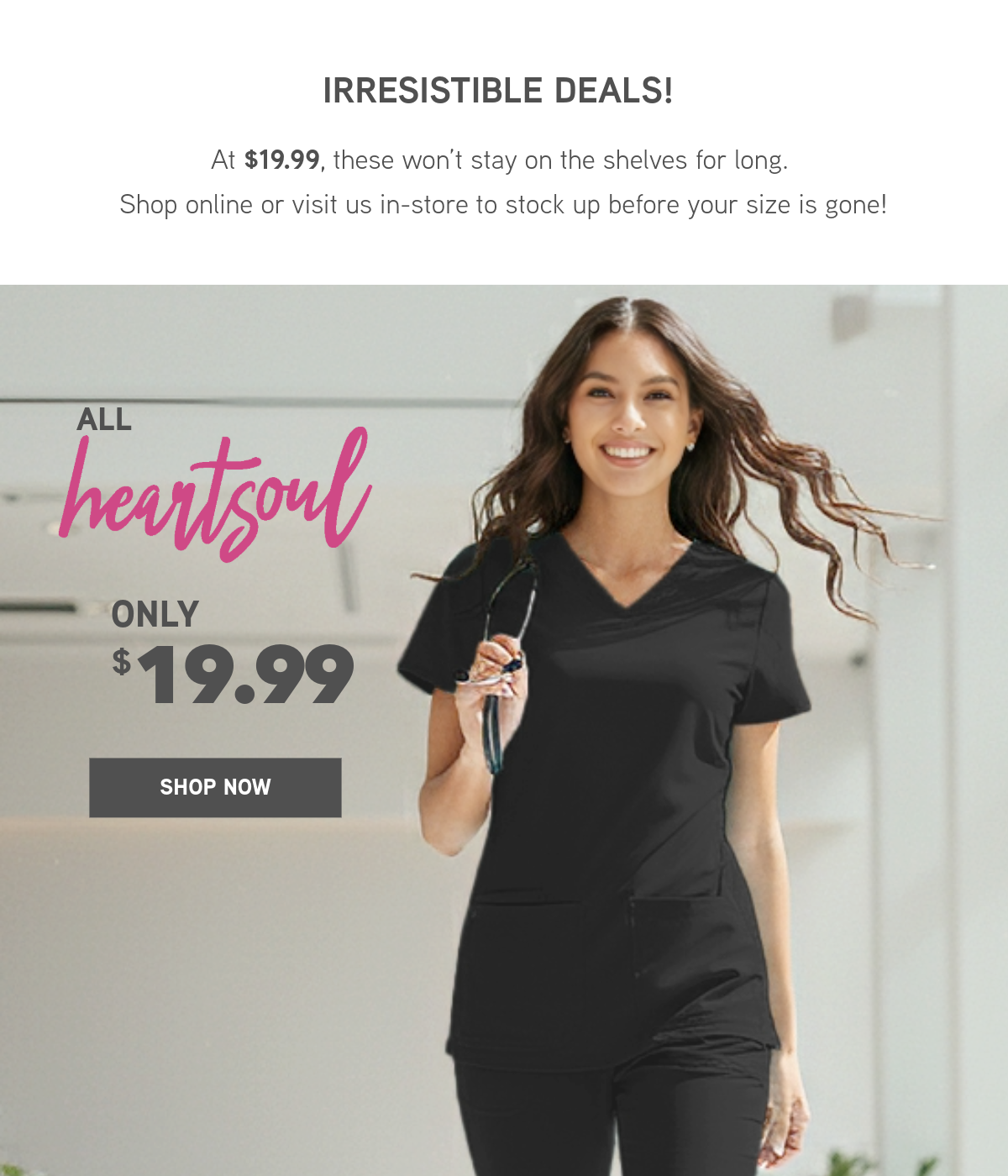 a woman in a black scrub scrubs with the words, ' irresistible deal '