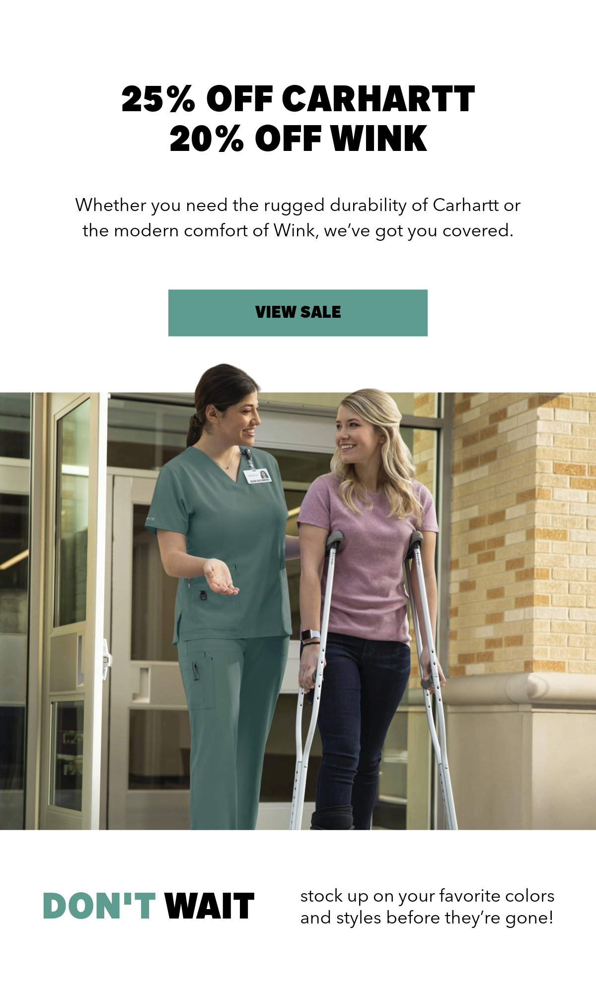Nurse wearing green scrubs, helping a patient 