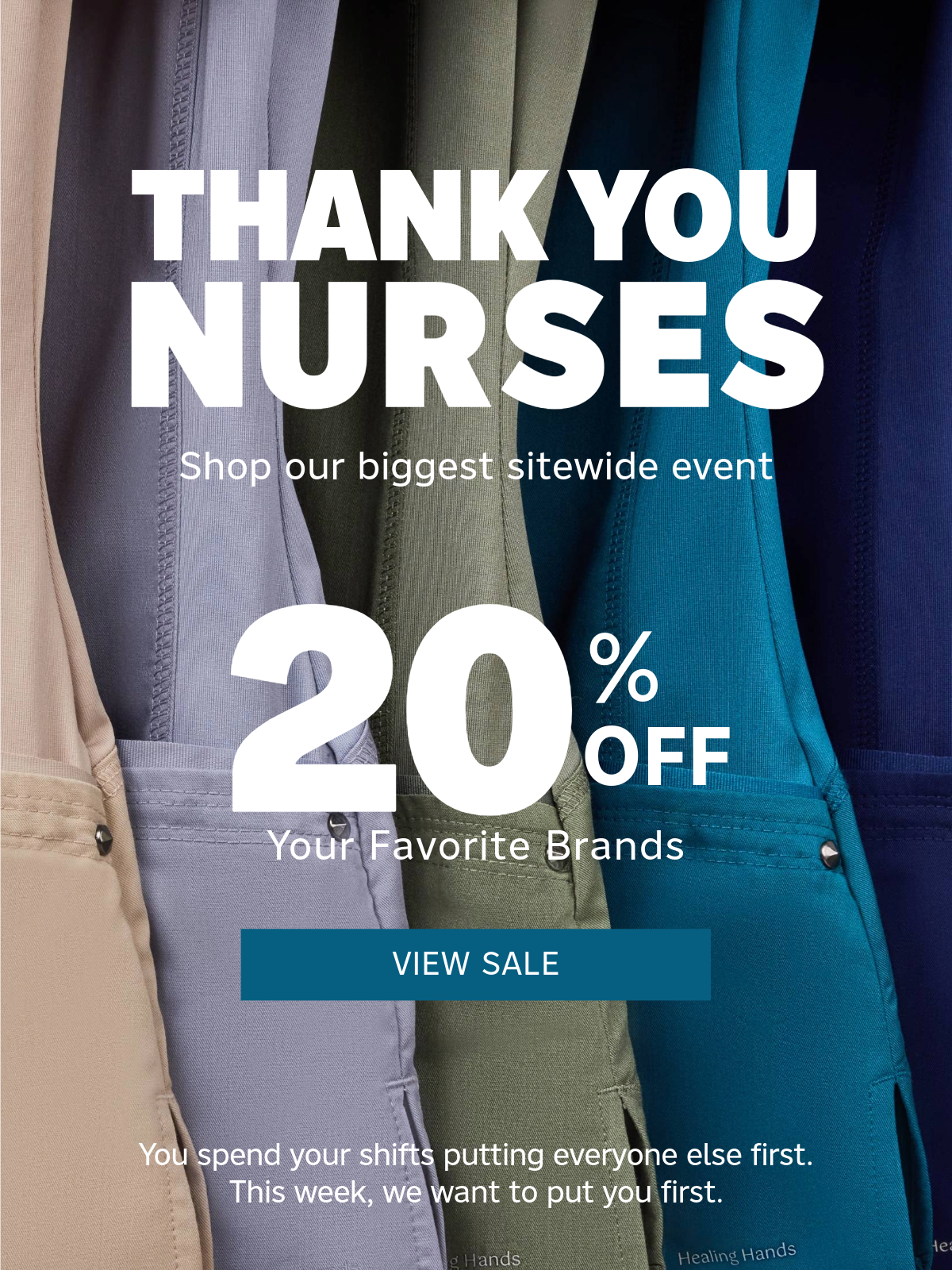 Different colors Healing Hands scrub tops. Scrubs at 20% off. Thank you nurses. 