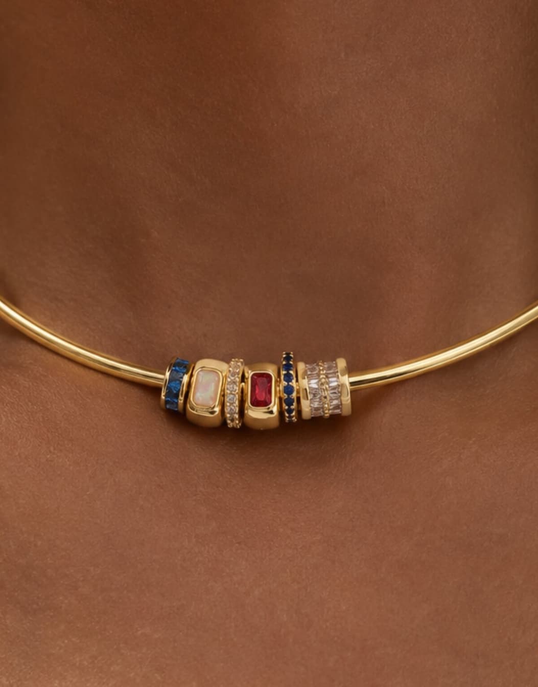 Model image of The Collar Necklace layered with birthstone spacers