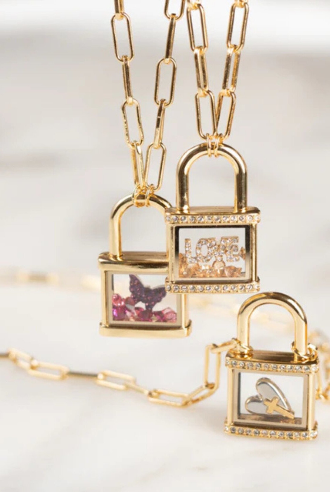 Photo of Gold Padlock Living Locket Necklaces and Birthstone crystals and charms