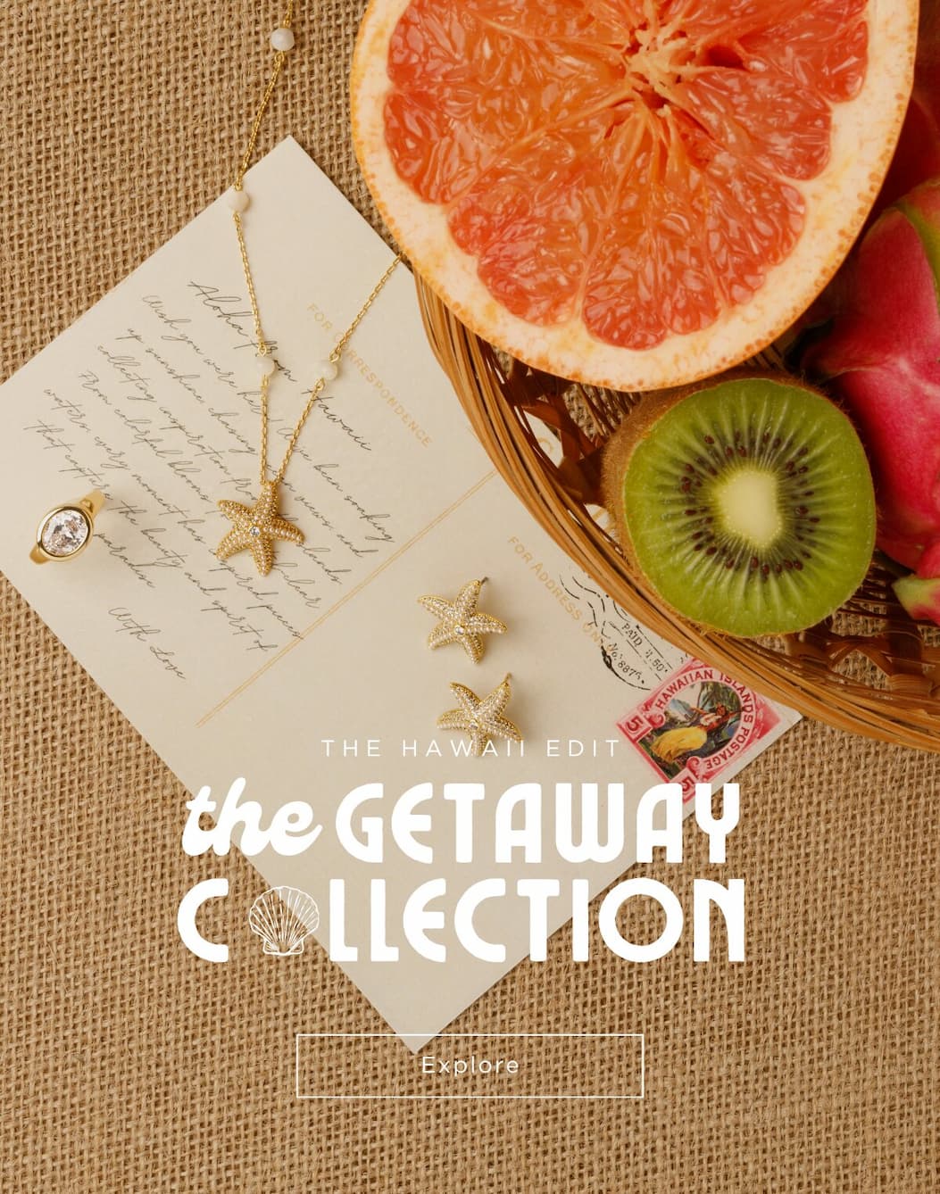 Flat lay image of The Jewelry collection and fruit basket