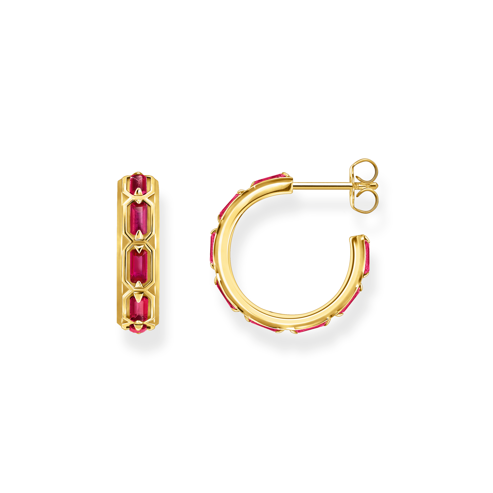 Yellow-gold plated hoop earrings with red stones