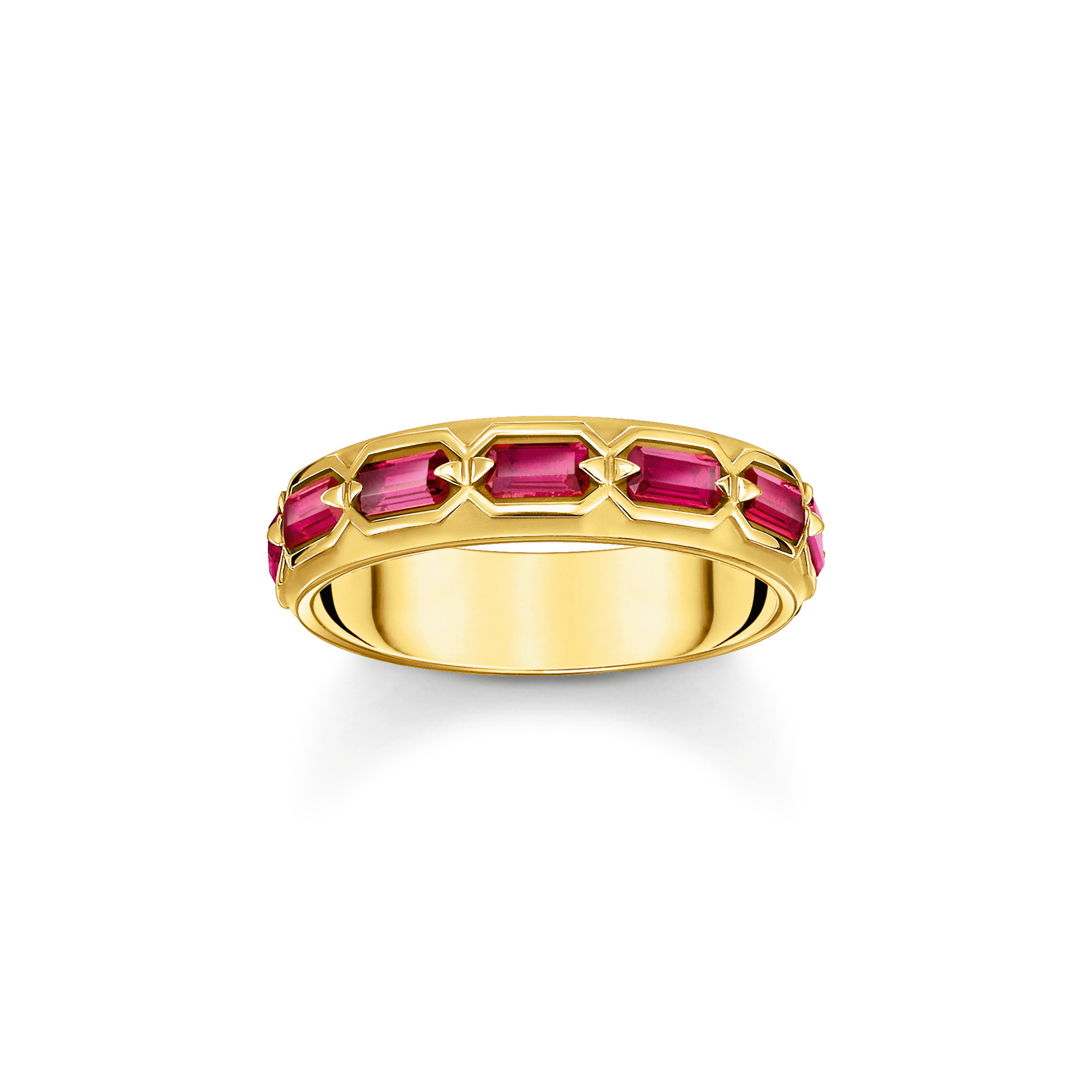 Gold plated band ring in crocodile design with red stones