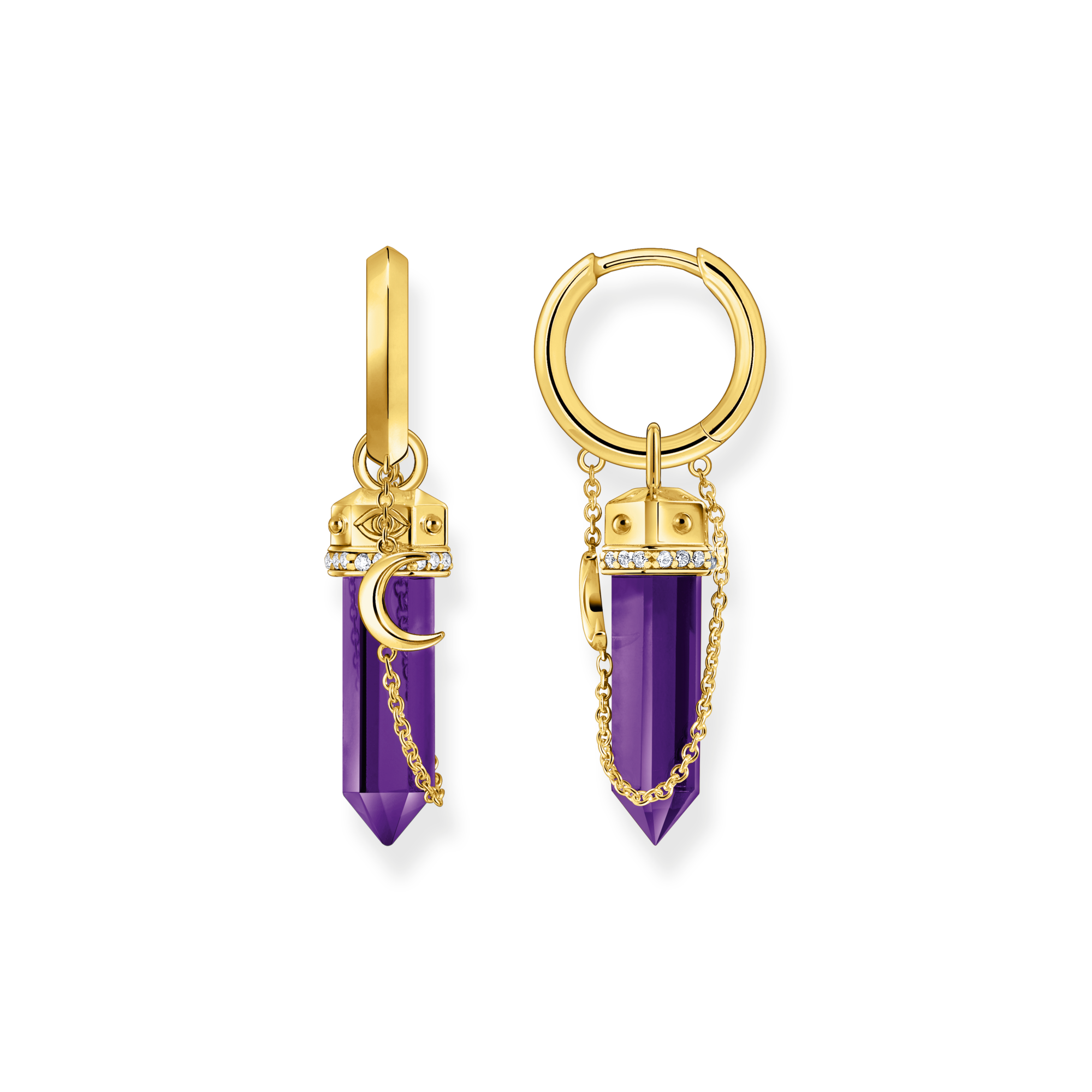 Yellow-gold plated hoop earrings with imitation amethysts