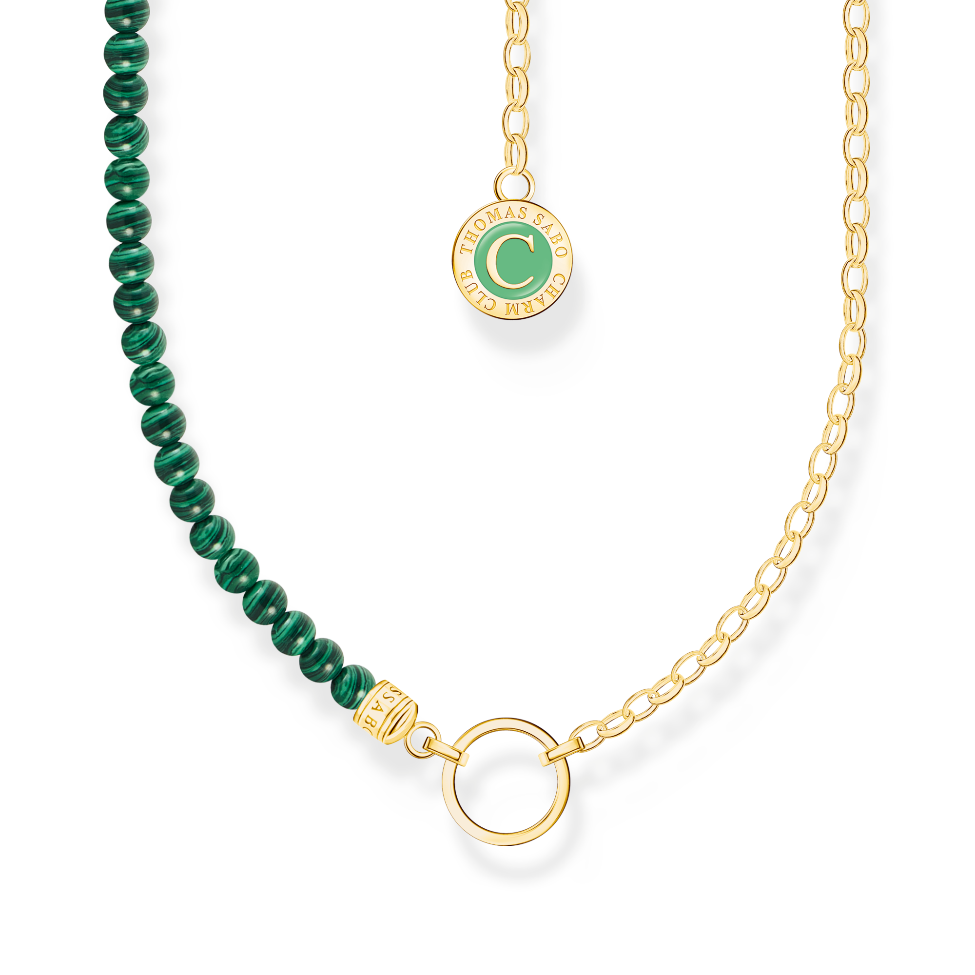 Charm necklace with green beads yellow-gold plated