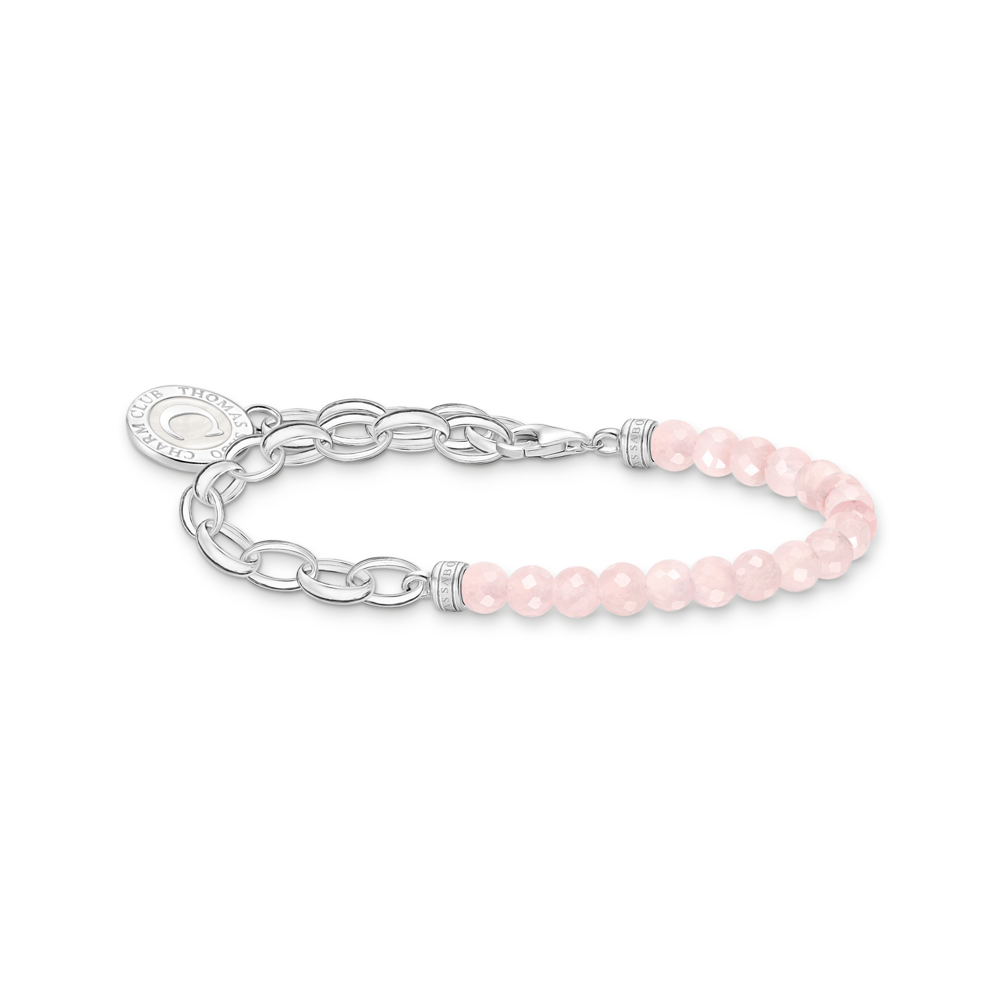 Charm bracelet with beads of rose quartz and disc silver