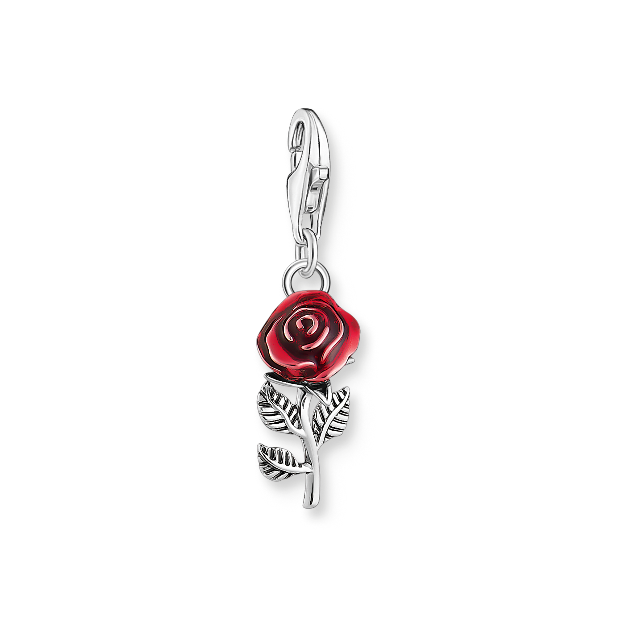 Silver blackened charm pendant in red rose design