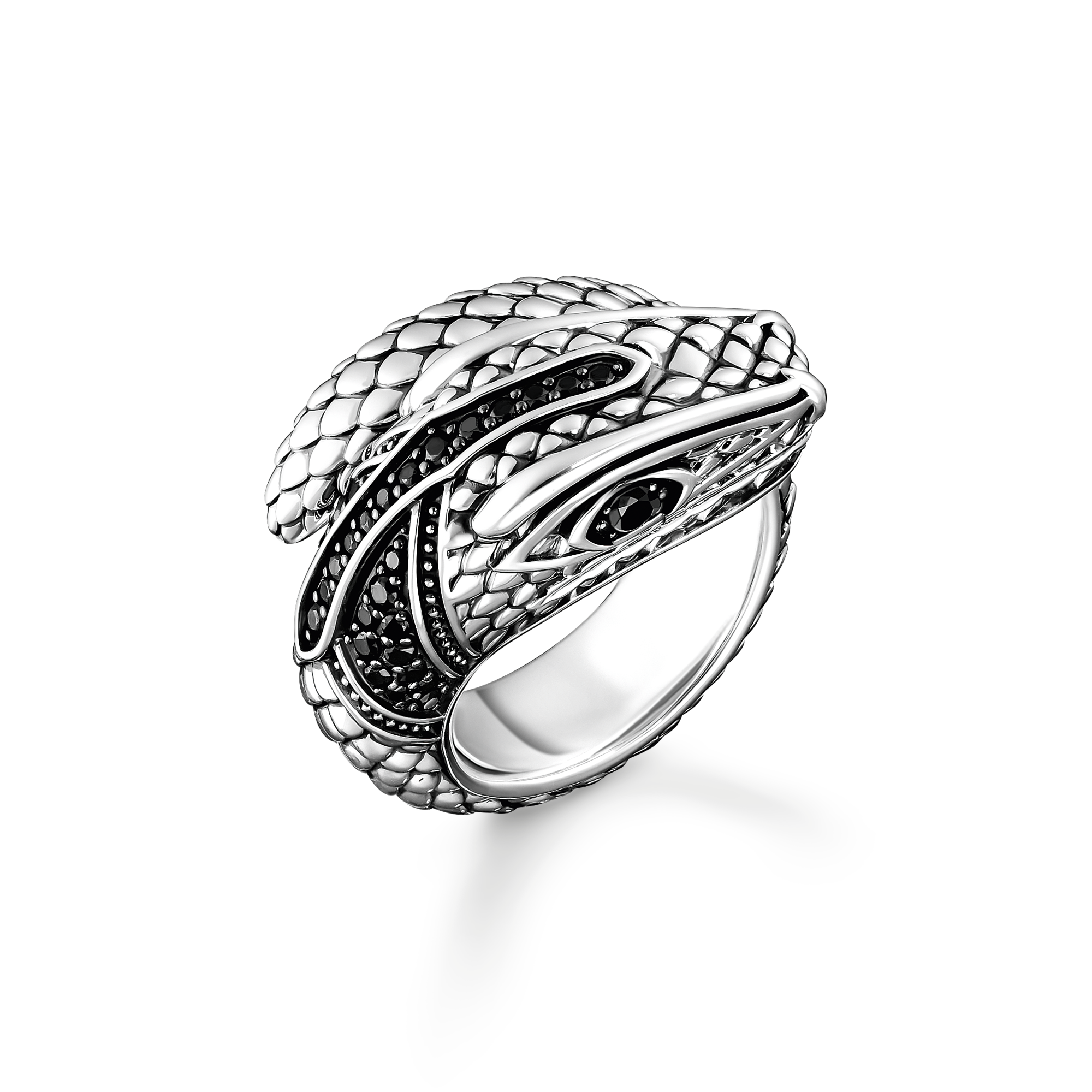 Silver snake ring with black stones