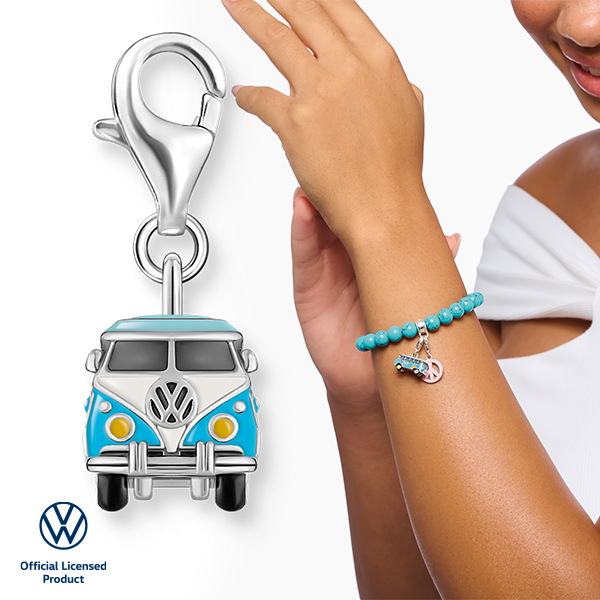 Silver charm pendant Volkswagen blue hippie bus