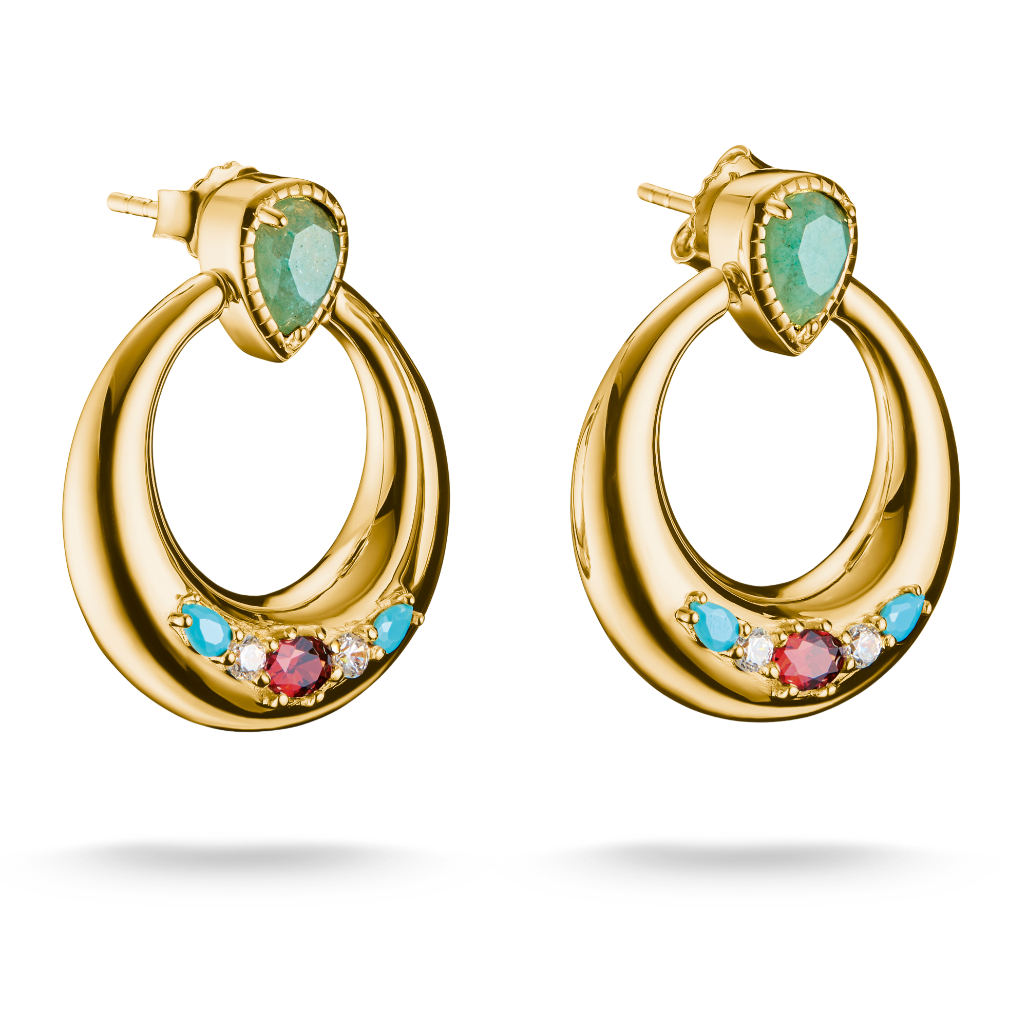 18k Gold Plated Half-Hoop Earrings with Green, White & Red Stones