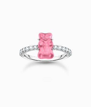 Silver ring with pink mini sized Goldbears and zirconia