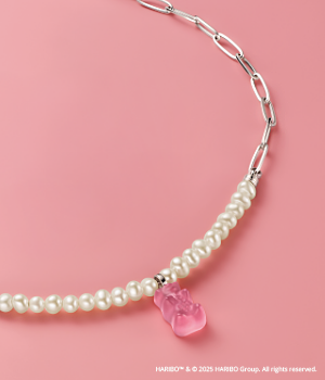 Silver link necklace with pink Goldbears & freshwater pearls