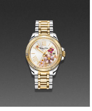 Women’s watch flowers from pink colored stones bicolour