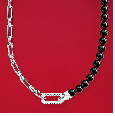 Necklace with black onyx beads and chain links silver