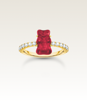 Gold-plated ring with red mini sized goldbears and zirconia