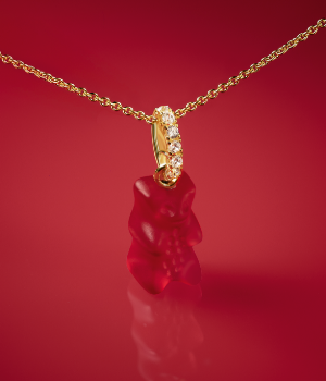 Large gold-plated pendant with red goldbears and zirconia