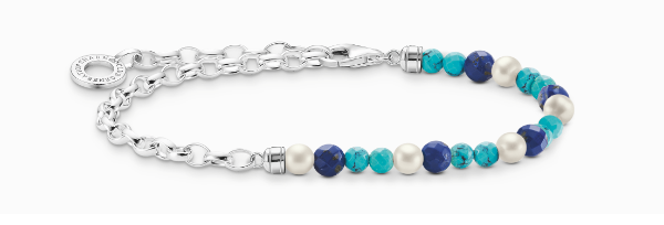 Charm bracelet with blue beads and white pearls silver