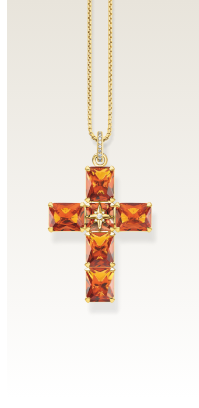 Pendant cross with large orange stones and star gold plated