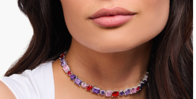 Silver choker with 43 zirconia stones in red, violet and pink