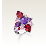 Silver cocktail ring with red, pink and violet zirconia stones