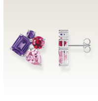 Silver ear studs with pink and violet zirconia in different sizes