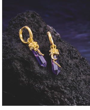 Yellow-gold plated hoop earrings with imitation amethysts