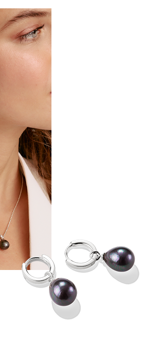 Silver Hoop Earrings with Black Imitation Teardrop Pearls