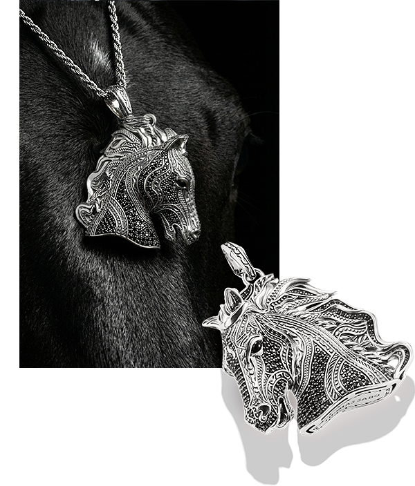 Silver Large Horse Head Pendant Wild Horses