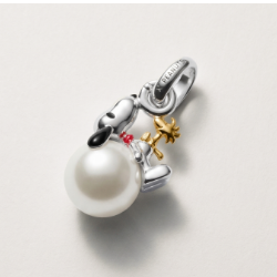 18k Gold Plated Charm Pendant with Pearl Snoopy Woodstock PEANUTS Connect