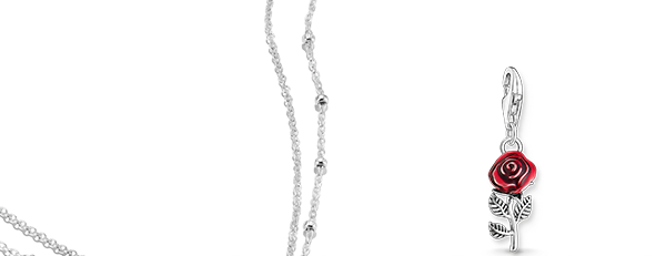 Silver blackened charm pendant in red rose design