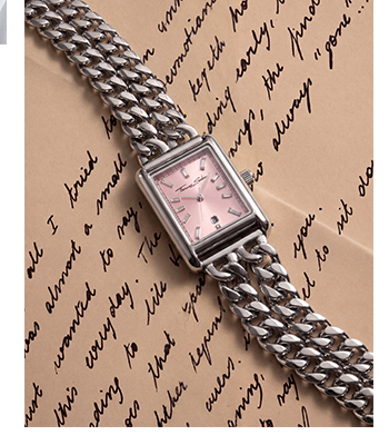 Silver Ladies Watch Bold Elegance Pink Dial Rectangular Shape
