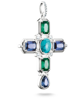 Cross pendant with multicoloured stones silver