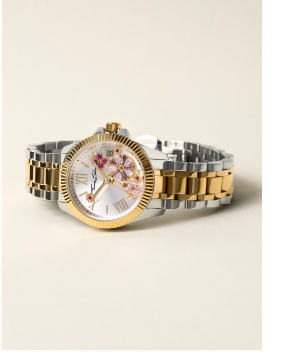 Women’s watch flowers from pink colored stones bicolour