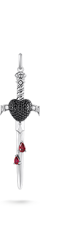 Silver blackened sword pendant with black and red stones