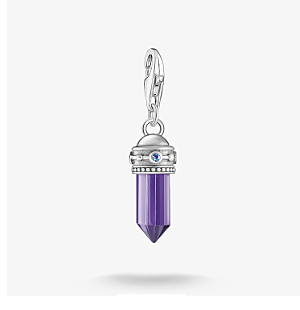 Charm pendant hexagon with imitation amethyst and fine symbols silver