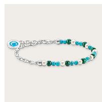 Charm bracelet with white pearls, malachite and disc silver