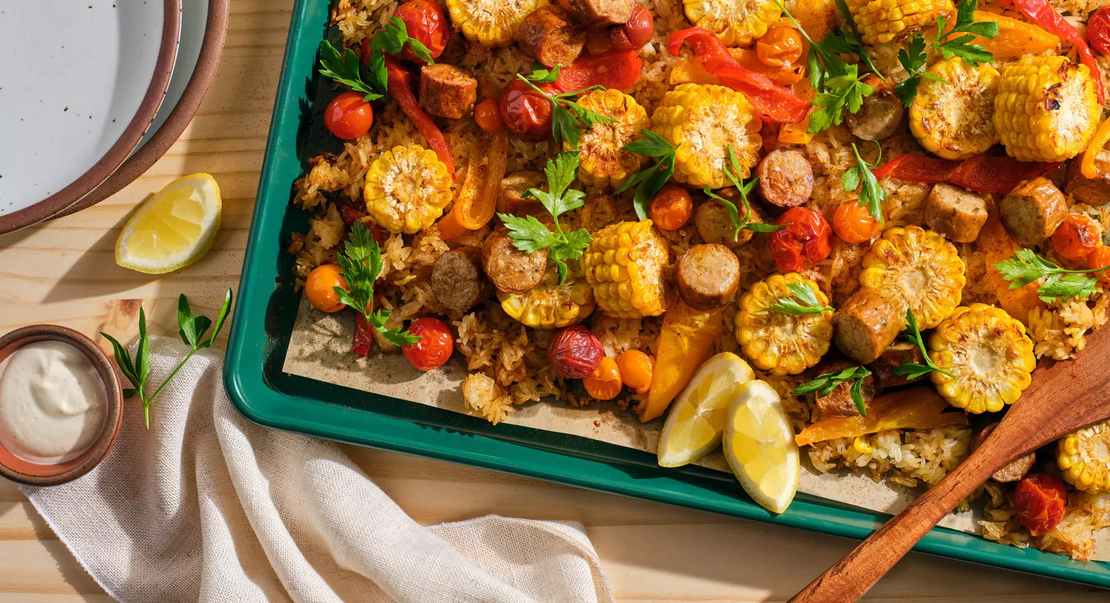 Back-to-Busy Meal Plan: Cajun-Style Sheet Pan Chicken Sausage (+ Leftover Mediterranean Salad)
