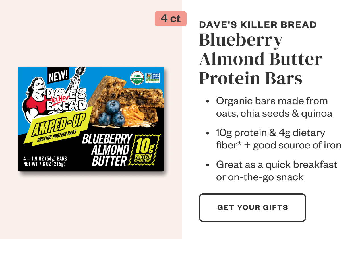 Dave's Killer Bread Blueberry Almond Butter Protein Bars. Get Your Gifts.