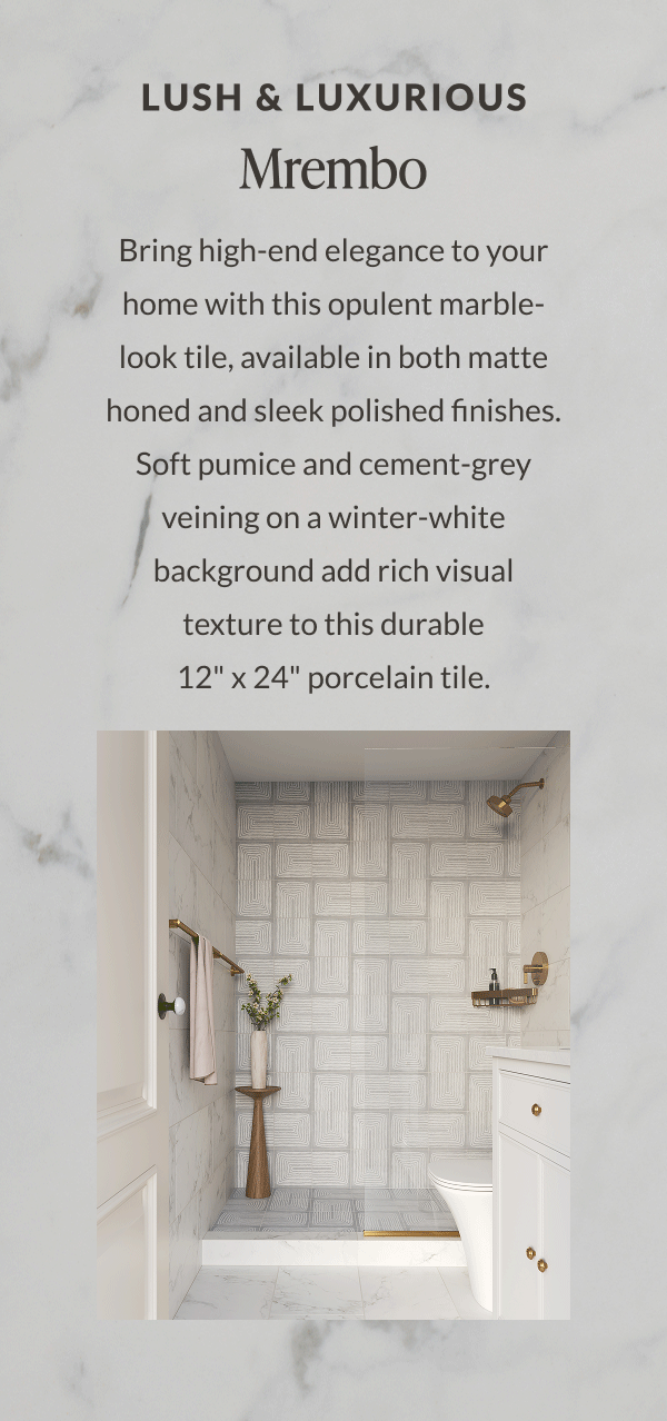 Lush & Luxurious: Mrembo - Bring high-end elegance to your home with this opulent marble-look tile, available in both matte honed and sleep polished finishes. Soft pumice and cement-grey veining on a winter-white background add rich visual texture to this durable 12" x 24" porcelain tile. 